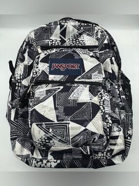 JanSport Cross Town Backpack featuring a black and white geometric print